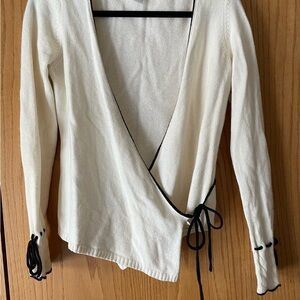 LOFT Cream Wrap Cardigan with Black Trim and Side Tie